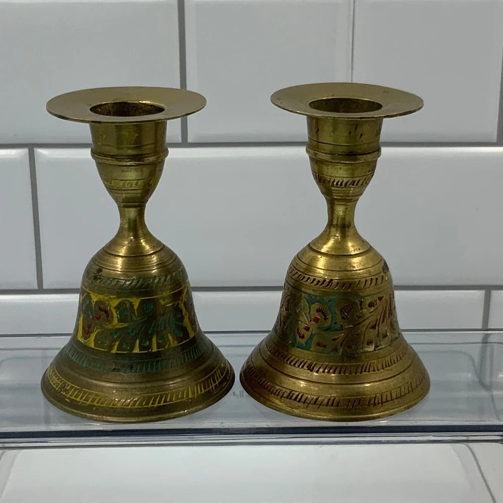 Vintage India Etched Floral Enamel Brass Bell Candle Holder Pair Gold 4.5in
